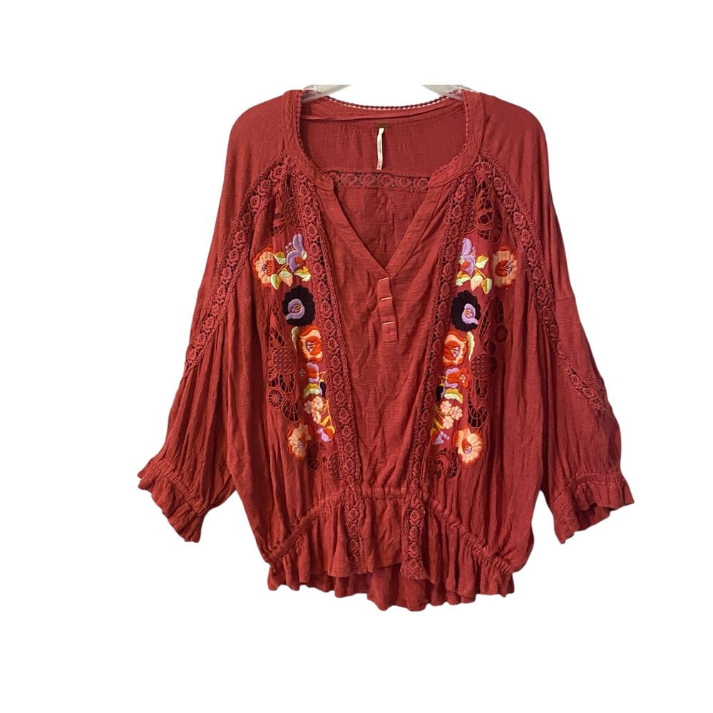 Free People Serafina Embroidered Peasant Blouse Red‎ Long Sleeve Size Small